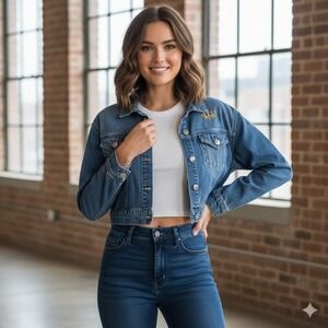 Juicy Couture Cropped Denim Jacket Embellished Crown Logo Distressed Blue Large